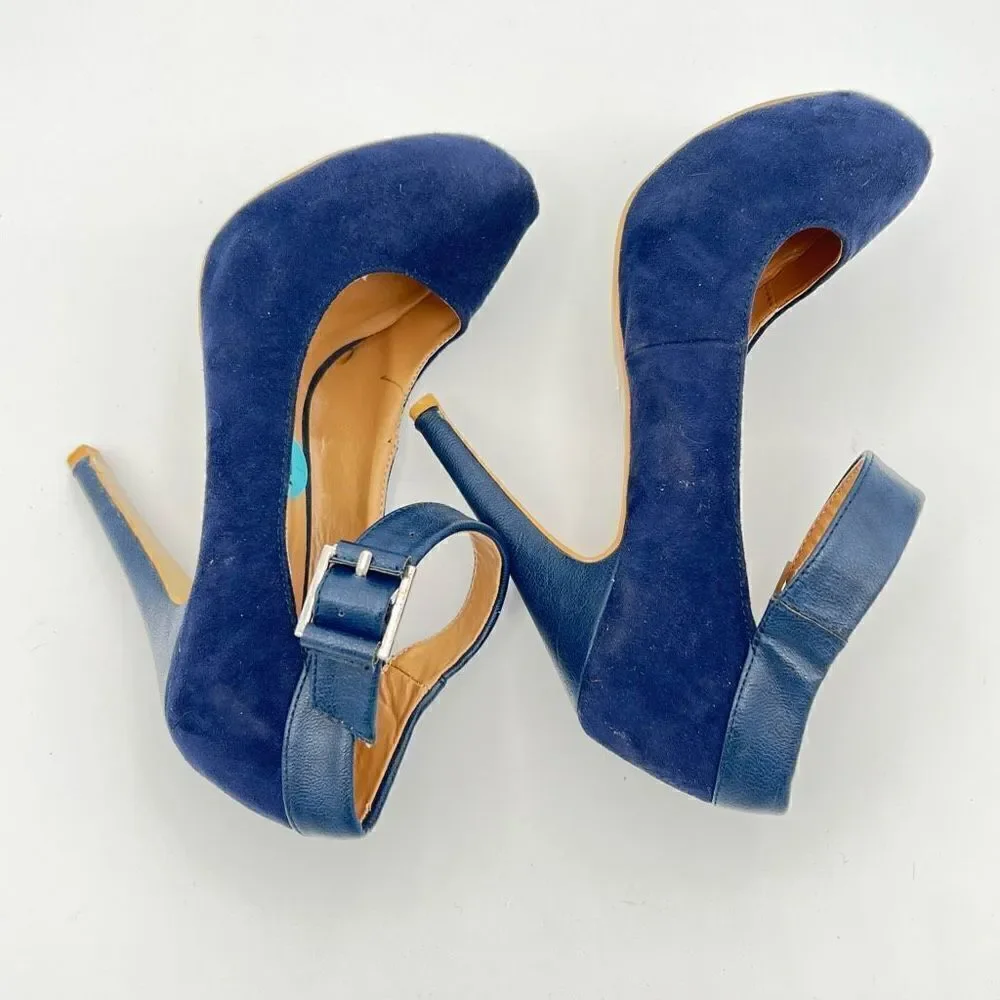 Penny Loves Kenny Royal Blue Faux Suede Shoes Sz 6 Womens Strap Heels Platform